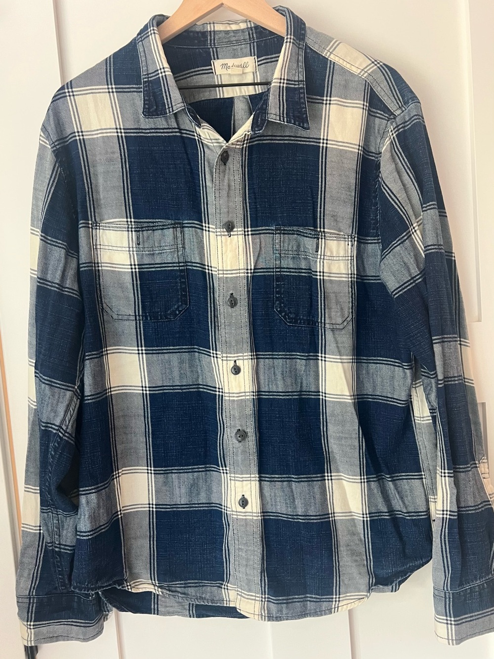 Madewell Mens XL Twill Perfect Shirt Indigo Plaid Long Sleeve Button Down